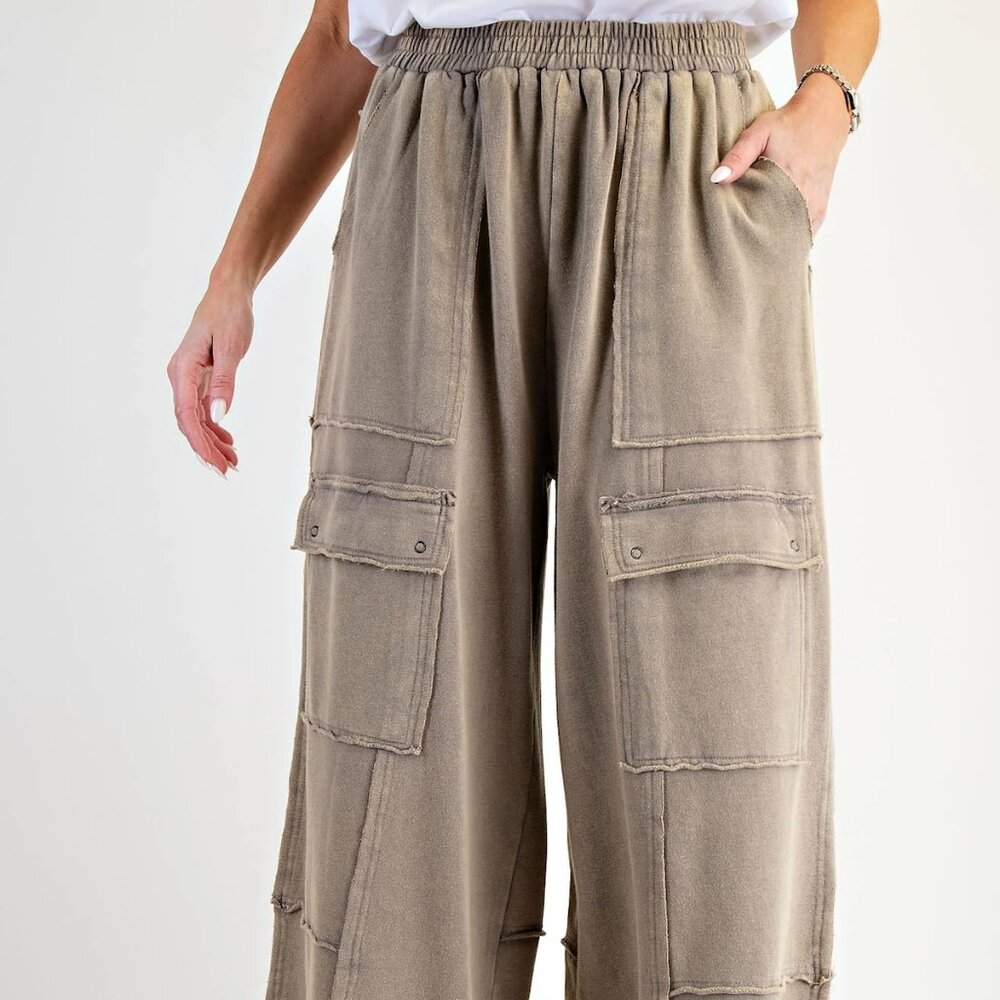 Easel Washed Faded Olive Terry Knit Cargo Pants - Picture 5 of 7